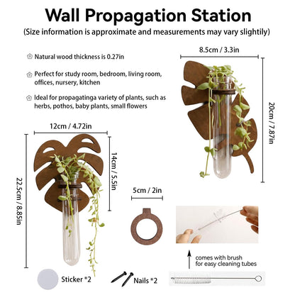 Artilady Plant Propagation Station 2 Pack Wall Hanging Plant Terrarium Holder with Test Tube Wood Window Planter Indoor Decor for Living Room Bedroom Kitchen (Leaves)