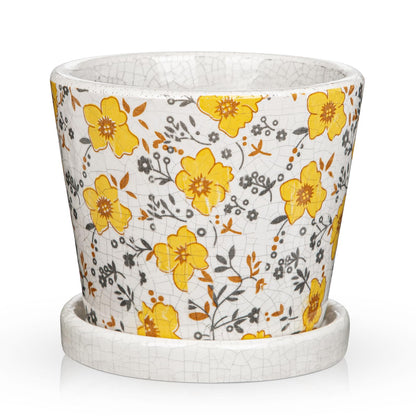 Small Ceramic Pot for Indoor Plants - 5.5 inch Plant Pot with Drainage Hole and Saucer Yellow Flower Decorative Planter Indoor Outdoor Pots for Succulent Cactus Pothos Plant Windowsill Home Garden