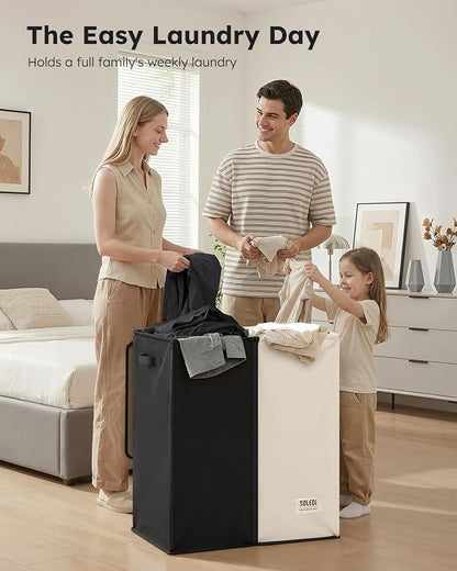 SOLEDI Large Double Laundry Hamper with Lid, Collapsible Clothes Hamper 2 section with Removable Bags, Space-Saving Laundry Basket for Bedroom, Dorm, College