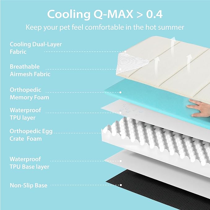 Cooling Dog Bed for X Large Dogs - Orthopedic Pet Beds with Memory Foam, QMAX>0.5, Waterproof Removable Washable Cover for Hot Weather, Dark Beige, 41" L x 27" W x 3" H