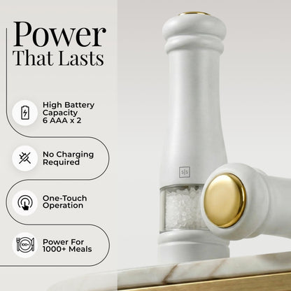 Electric Salt and Pepper Grinder Set - Styled Settings White Electric Salt and Pepper Shakers, Automatic Stainless Steel Set with LED Light, Battery Operated, Adjustable Coarseness, Wood Base