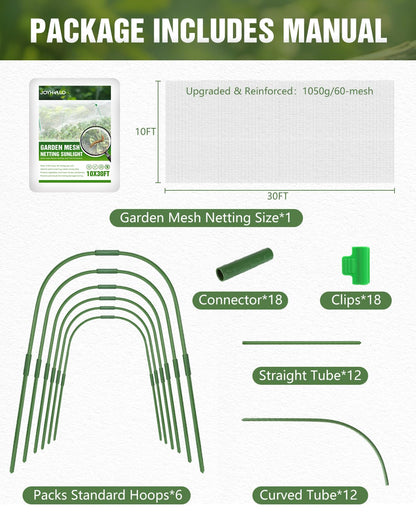 joyhalo Garden Netting for Raised Beds, 6 Sets Garden Hoops with for Raised Beds 10x30 Ft Garden Net, Bird & Cicada Net for Trees, Garden Mesh Netting for Greenhouse, Vegetable, 18 Clips Included