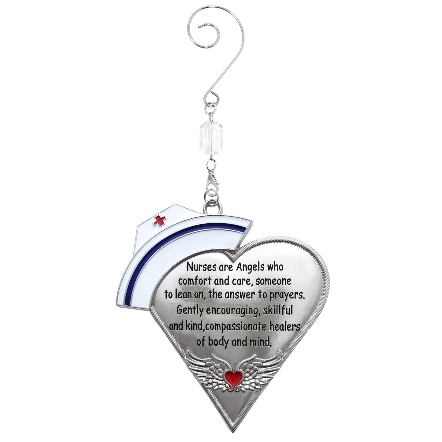 Nurse Christmas Ornament with Message, Engraved Silver Metal Nurses Hat & Heart with Angel Wings, Hand Painted Enamel Holiday Keepsake, Thank You Gift for Nurse, RN, LPN, CNA, Nursing Student, 4"