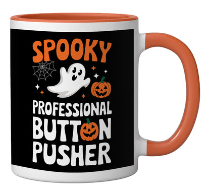 Spooky Professional Button Pusher Ceramic Mug, Orange/White