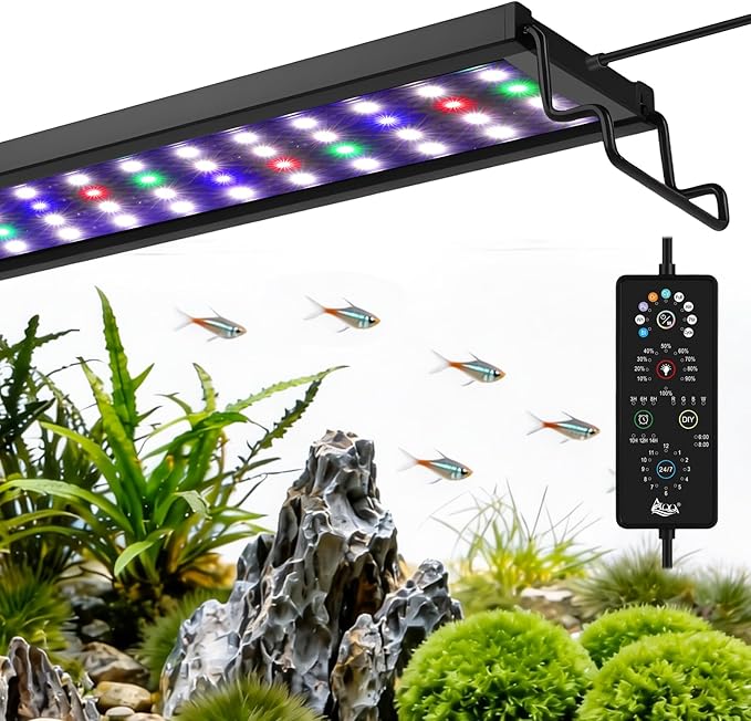 AQQA Full Spectrum Aquarium Plant Light LED Fish Tank Light IP68 Waterproof with 24/7 Natural Mode & DIY RGBW Mode, 9 Colors & 10-Level Brightness Adjustable, 6 Timer Settings for 12"-18" Tank (12W)