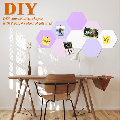 HULAVO 8 Pcs Hexagon Felt Cork Bulletin Board Tiles, Self Adhesive DIY Bulletin Board Pin Board for Office School Home Wall Decor Memos Photos Display(Purple & Pink)