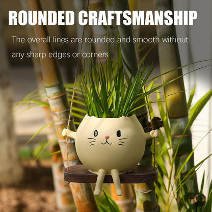 Swing Cat Hanging Planter, Resin Cute Cat Succulent Pot, Dual-Use Indoor Outdoor Plant Holder, Creamy Yellow Swing Flower Pot, Adorable Hanging Planter for Small Plants