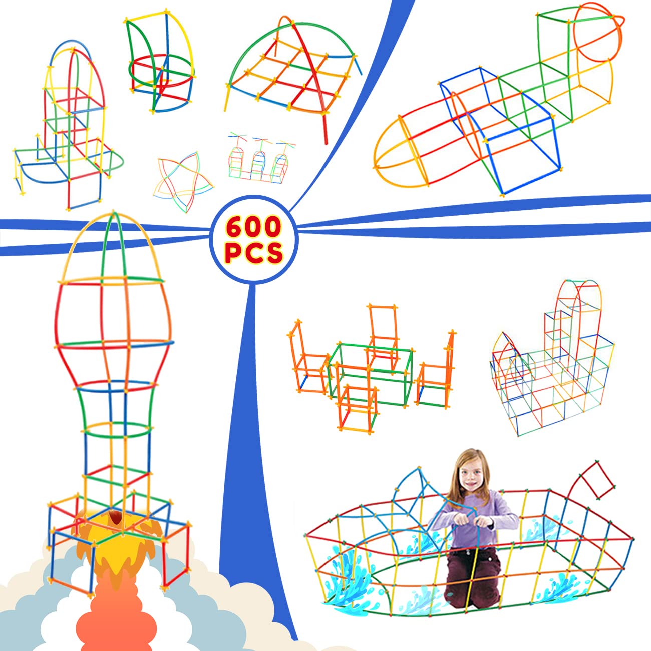 Ggiibro Straw Constructor Toys 600Pcs STEM Building Toy Interlocking Plastic Engineering Thin Tube Blocks Educational Kit for 3 4 5 6 7years Kids Boys and Girls Gift Preschool Toy with Storage Box
