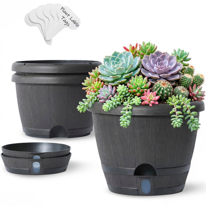 Sun-E 10 Inch Self Watering Planters 3-Pack - Rustic Whiskey Barrel Flower Pots with Water Level Indicator & Drainage, Farmhouse Decor for Indoor Outdoor Plants (Dark Brown Wood Grain)