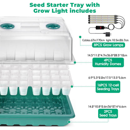 Ryscam Seed Starter Tray with Grow Light, 192-Cell Seed Starter Kit, Seedling Starter Trays with Humidity Domes, Automatic Timer, Adjustable Light Indoor Gardening Plant Germination Trays