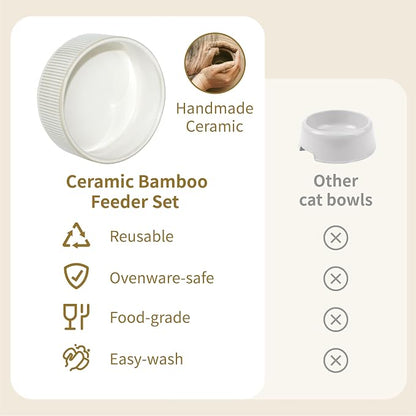 Elevated Ceramic Cat and Dog Double Bowl Set - 14 oz Lead-Free Feeder with Two Natural Bamboo Wood Stands (White Stripes)