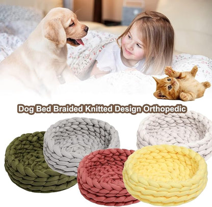 Woven Dog Bed Basket, Knitted Cotton Cat Bed Round Washable Woven Cat Pet Bed Chunky Dog Basket, Orthopedic, Chunky Knit Dog Nest,Dog Bed,Dog Cave,Dog Bedding(Blue,23")