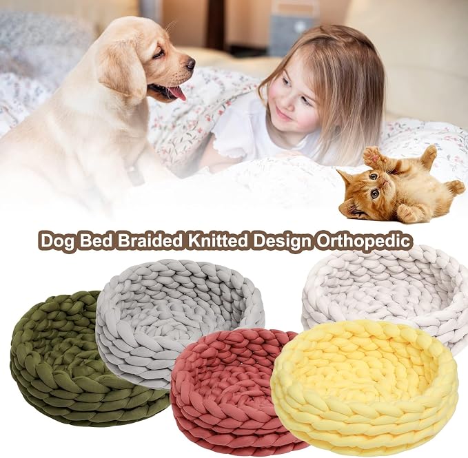 Woven Dog Bed Basket, Knitted Cotton Cat Bed Round Washable Woven Cat Pet Bed Chunky Dog Basket, Orthopedic, Chunky Knit Dog Nest,Dog Bed,Dog Cave,Dog Bedding(Blue,17")