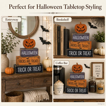 4 Pcs Halloween Decor, Trick or Treat Tiered Tray Decorations, Wooden Block Signs with Jack-O-Lantern, Tricks are Treats Farmhouse Rustic Table Centerpiece for Home Shelf Kitchen Coffee Bar