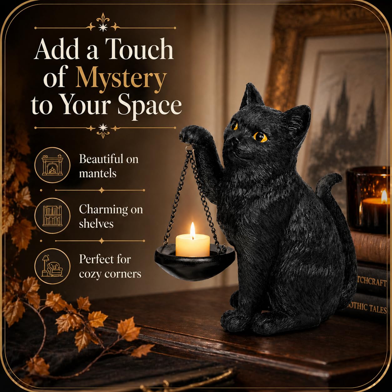 Gothic Black Cat Lamp with Tealight Candle Holder Cat Statue Halloween Decorations Indoor Gothic Home Decor for Living Room Tabletop Shelf Bedroom Unique Goth Witchy Gifts Decor