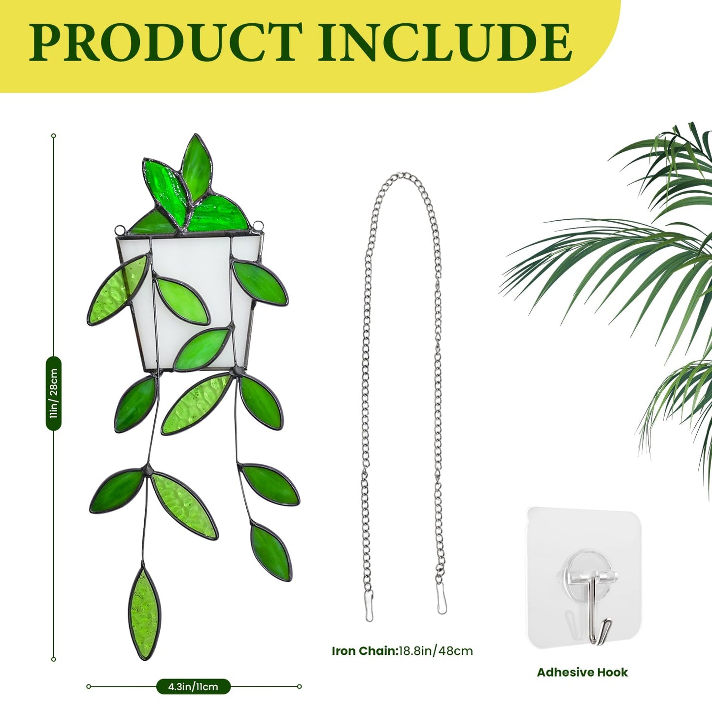 Fake Hanging Plants Greenery Stained Glass Plant Window Hanging Handmade Green Leaf Suncatcher Faux Plant Stained Glass Panel with Chain Sun Catcher Gift for Women Mom Grandma Plant Lovers Home Decor