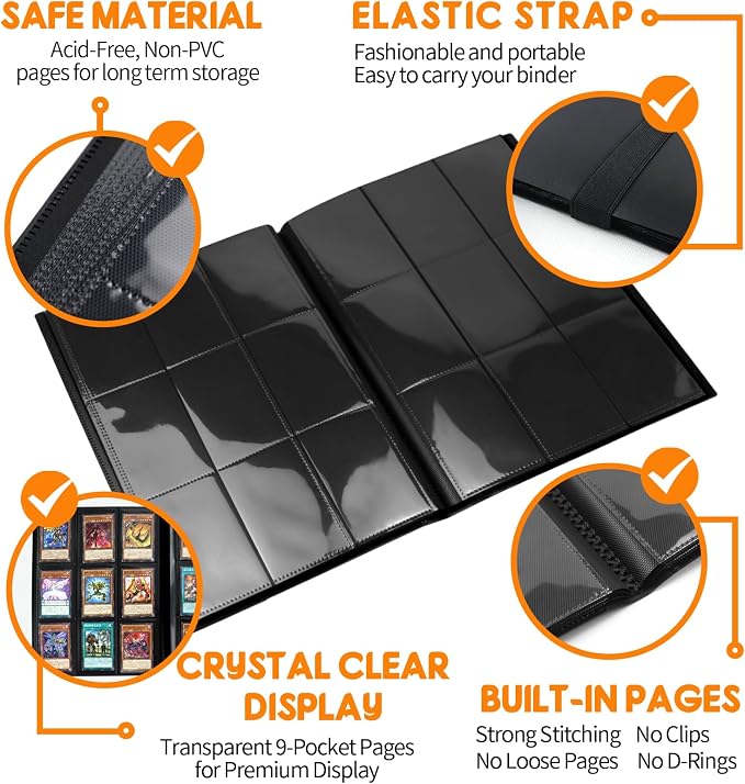 Trading Card Binder 9 Pocket, 360 Card Waterproof Folder with Side Loading Sleeves, Sturdy Card Collection Album for MTG, TCG, Game Cards & Sports Cards (1, Black)