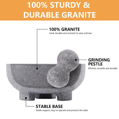 WhiteRhino Mortar and Pestle Set, 4 Cup Natural Unpolished Granite Molcajete Mexicano, 8-in Extra Large Guacamole Bowl, Motar Pestel Stone Grinder for Guacamole, Salsa, Spices, Herbs, Seasonings
