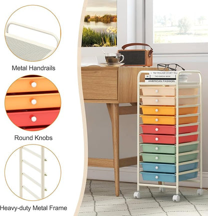 MEDIMALL 10 Drawers Rolling Storage Cart, Multipurpose Craft Storage Cart with Wheels, Mobile Tools Scrapbook Paper Organizer Cart for Office School Home Use
