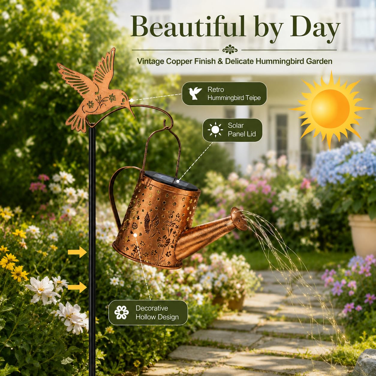 Hummingbird Solar Watering Can Light, Outside Metal Watering can Landscape Lights for Garden Yard Patio Pathway Decor Birthday Gifts for Women Mom,Grandma -with Pole