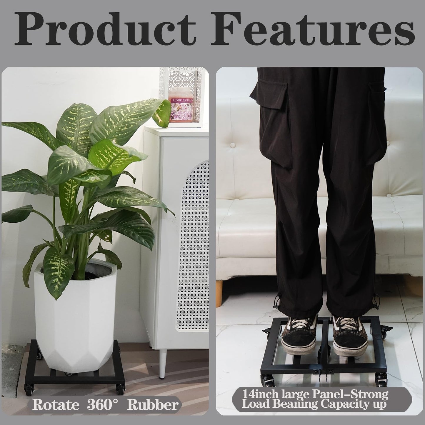 Goooxim 14 Inch Plant Dolly with Wheels - Heavy Duty Steel Caddy for Indoor & Outdoor Pots, 360° Rotating Rollers, Detachable Handle, High Capacity for Easy Mobility & Stability