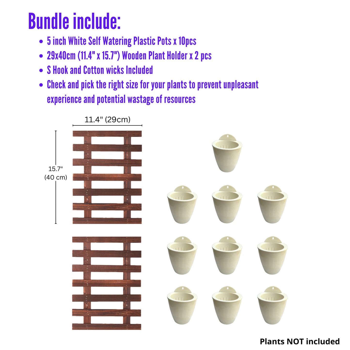 LalaGreen Bundle - 5" Pot + 2 Wooden Plant Holder, White Self Watering Pot, Wall Hanging Planters for Indoor and outdoor,Wall Mount Air Plants Succulent Holder Hanger,Vertical Garden Plant Stand Decor