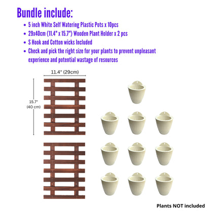 LalaGreen Bundle - 5" Pot + 2 Wooden Plant Holder, White Self Watering Pot, Wall Hanging Planters for Indoor and outdoor,Wall Mount Air Plants Succulent Holder Hanger,Vertical Garden Plant Stand Decor