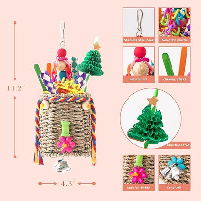 RLRICH Bird Toys Parrot Foraging Toys, Seagrass Basket Bird Chewing Toys with Colorful Tearing Paper Bamboo Fingers Natural Nut Wooden Blocks for Small Medium Parrot Bird