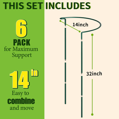 6-Pack Garden Plant Support Cages,14" Diax32 H Heavy Duty Interlinked Half Round Peony Support Rings,Metal Plant Support Stakes for Peony,Tomato,Hydrangea,Rose,Indoor & Outdoor Garden Plant Supports