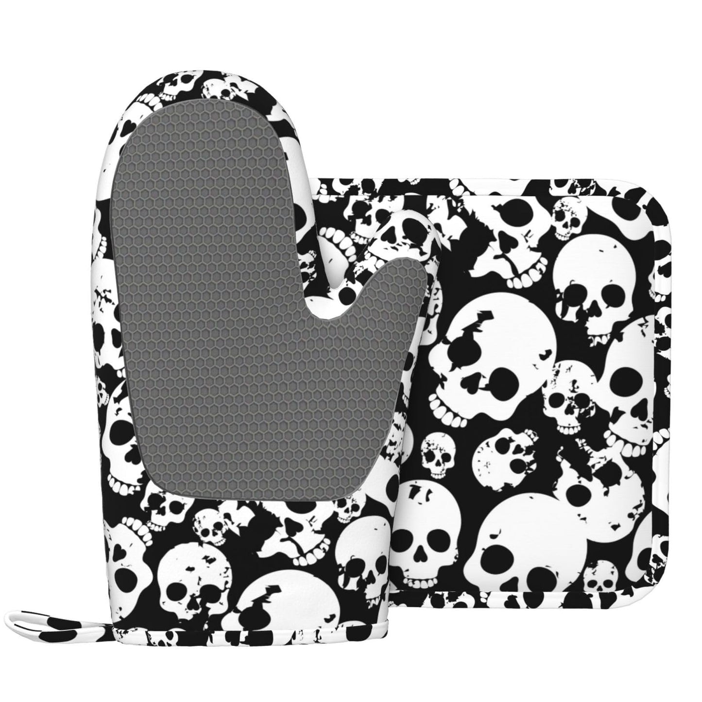 Skull Black And White Oven Mitts And Pot Holders Set Of 2 Silicone Heat Resistant Oven Mitten Potholders Non Slip Gloves Kitchen Decor For Bbq Cooking Grilling Baking