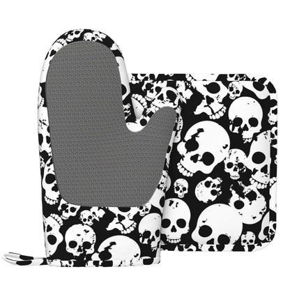 Skull Black And White Oven Mitts And Pot Holders Set Of 2 Silicone Heat Resistant Oven Mitten Potholders Non Slip Gloves Kitchen Decor For Bbq Cooking Grilling Baking
