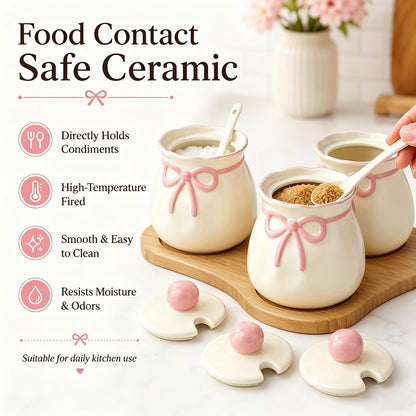 Domensi 3 Piece Pink Bow Condiment Jars Set with Spoons and Wooden Tray, 12.85 oz Ceramic Spice Containers, Coffee Bar Accessories for Your Home, Kitchen, Counter, Housewarming Gifts, 170 ml