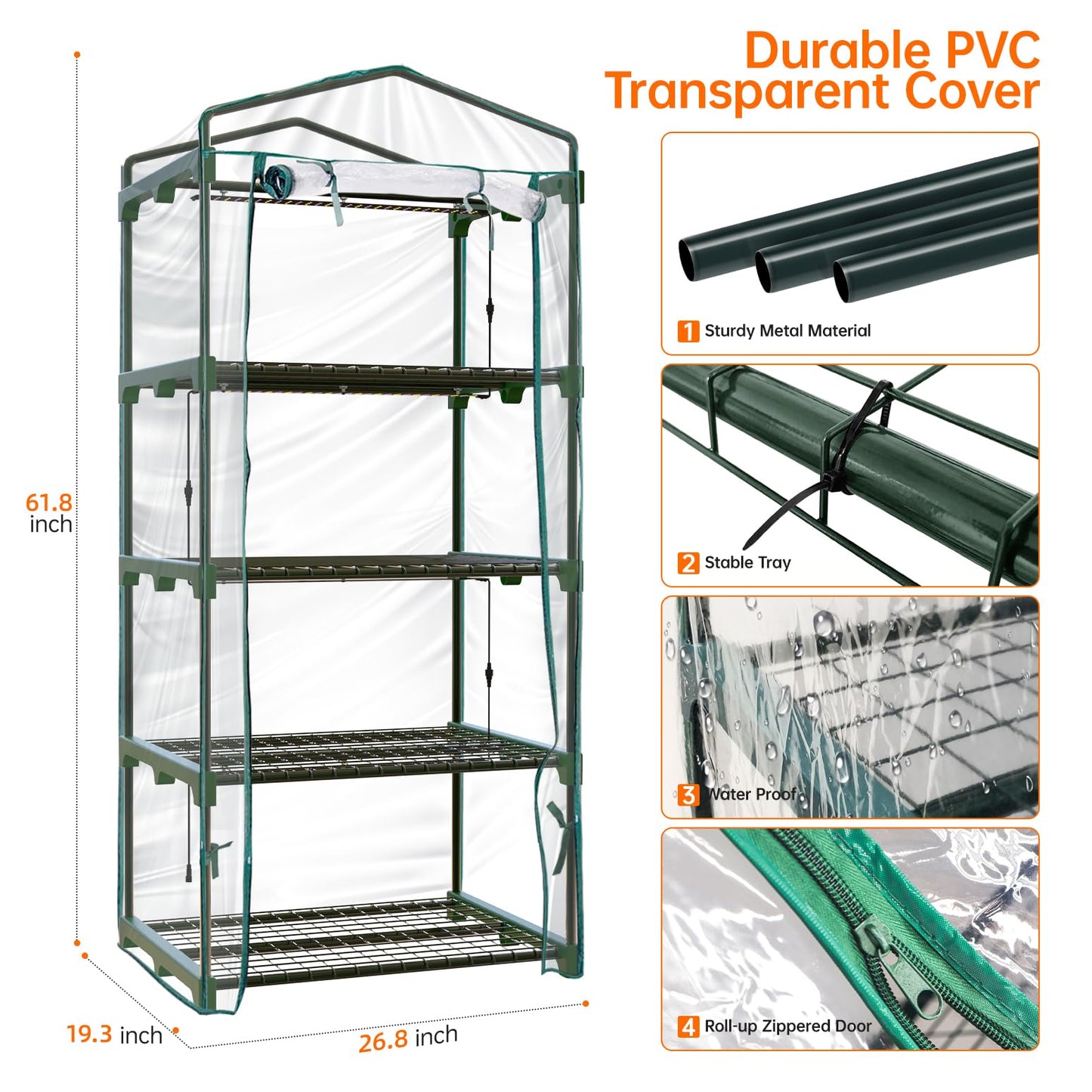 Bstrip Indoor Greenhouse with Grow Lights, 4 Tier 27.2" L×19.9" W×61.8" H Mini Greenhouse with Zippered PVC Cover for Seed Starting Trays, Dimmable 2FT 60W Plant Light for Indoor Plants with Timer