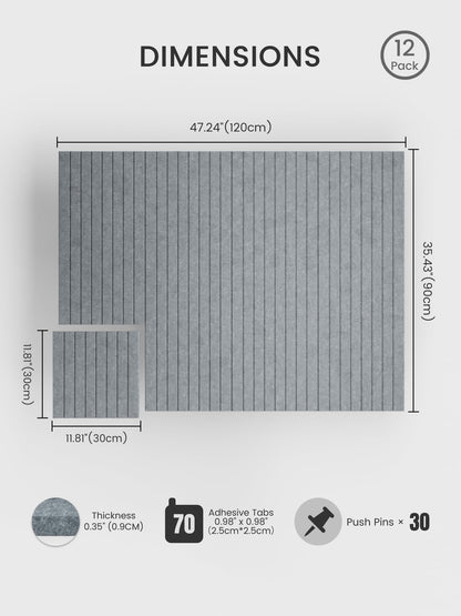 Bumusty Large Cork Board Alternative-48 x 36" Felt Bulletin Board Tiles, with 30 Pushpins, 70 Adhesive Tabs, Fine-Stripe 12-Pack, Cork Boards for Office Push Pin Board Felt Board-Blue Gray