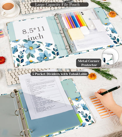 2 Inch 3 Ring Binder Organizer, Three Ring Binders with Clipboard, 5-Tabs Pockets Dividers, Plastic Folder, 18 Divider Stikers, KLLVE Decorative Binder with Pen Loop (Blue Flora, Letter Size)