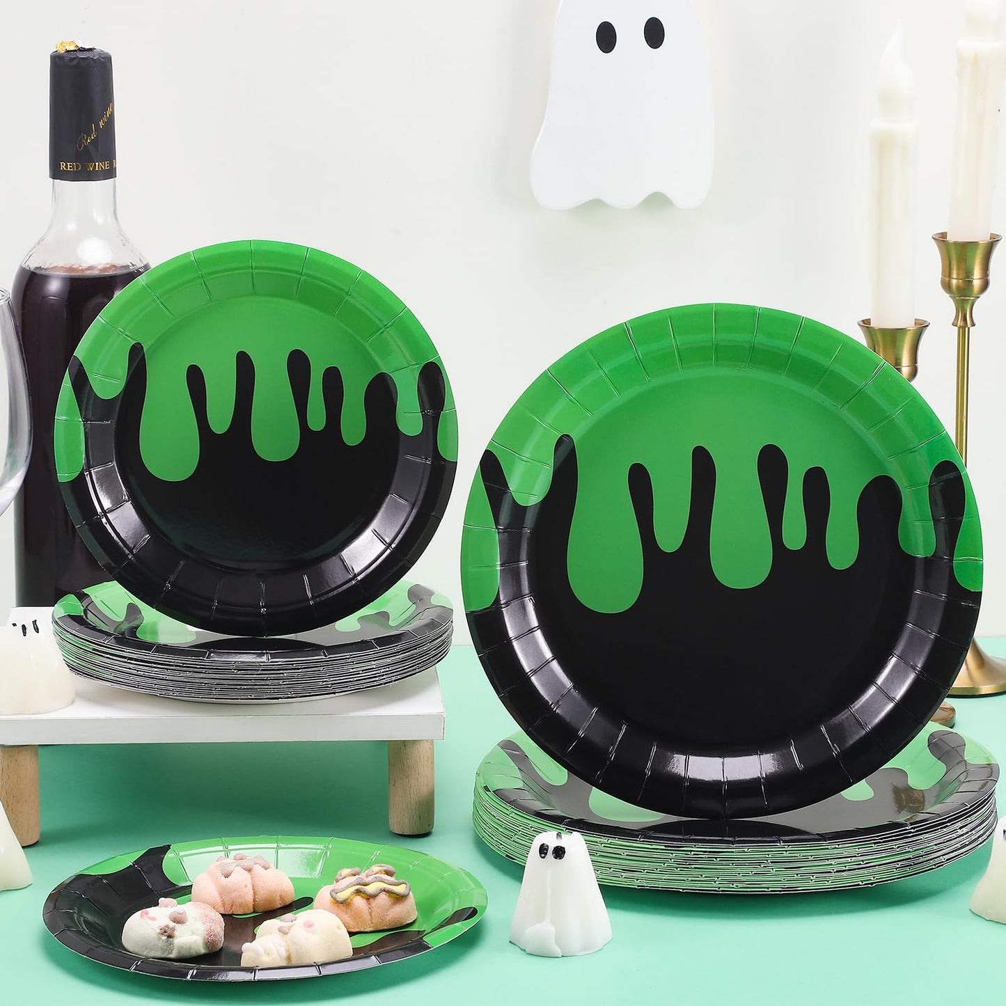Newtay 48 Pcs Halloween Ghost Party Paper Plates Green and Black Disposable Dessert Plates Set for Kids Boys Girls Birthday Themed Party Supplies Halloween Decorations, 7 Inches and 9 Inches