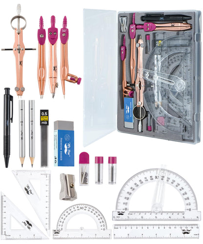 Mr. Pen- Geometry Set, 15 pcs, Rose Gold & Pink, 6 Inch Swing Arm Protractor, Divider, Set Squares, Ruler, Compasses and Protractor