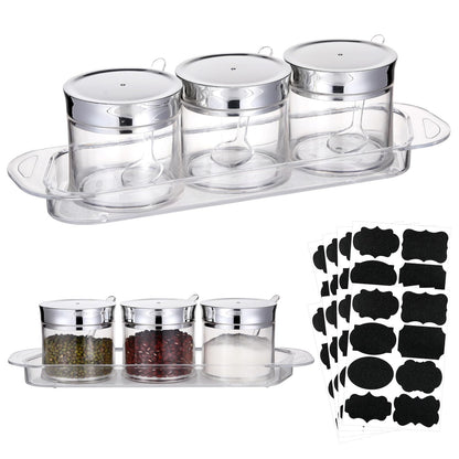 Ferrochef Set of 3 Acrylic Sugar Container with Lid Spoon and Tray 7oz Clear Condiment Coffee Jars Container with Labels Seasoning Salt Box Set for Kitchen Storage Coffee Bar