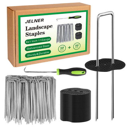 JELNER Garden Stakes,6 Inch 11 Gauge 50pcs Galvanized Landscape Staples + 50pcs Gaskets + 1Pick Hook,Tent Stakes Landscaping Fabric SOD Pins for Weed Fabric Barrier,Groud Cover,Fence