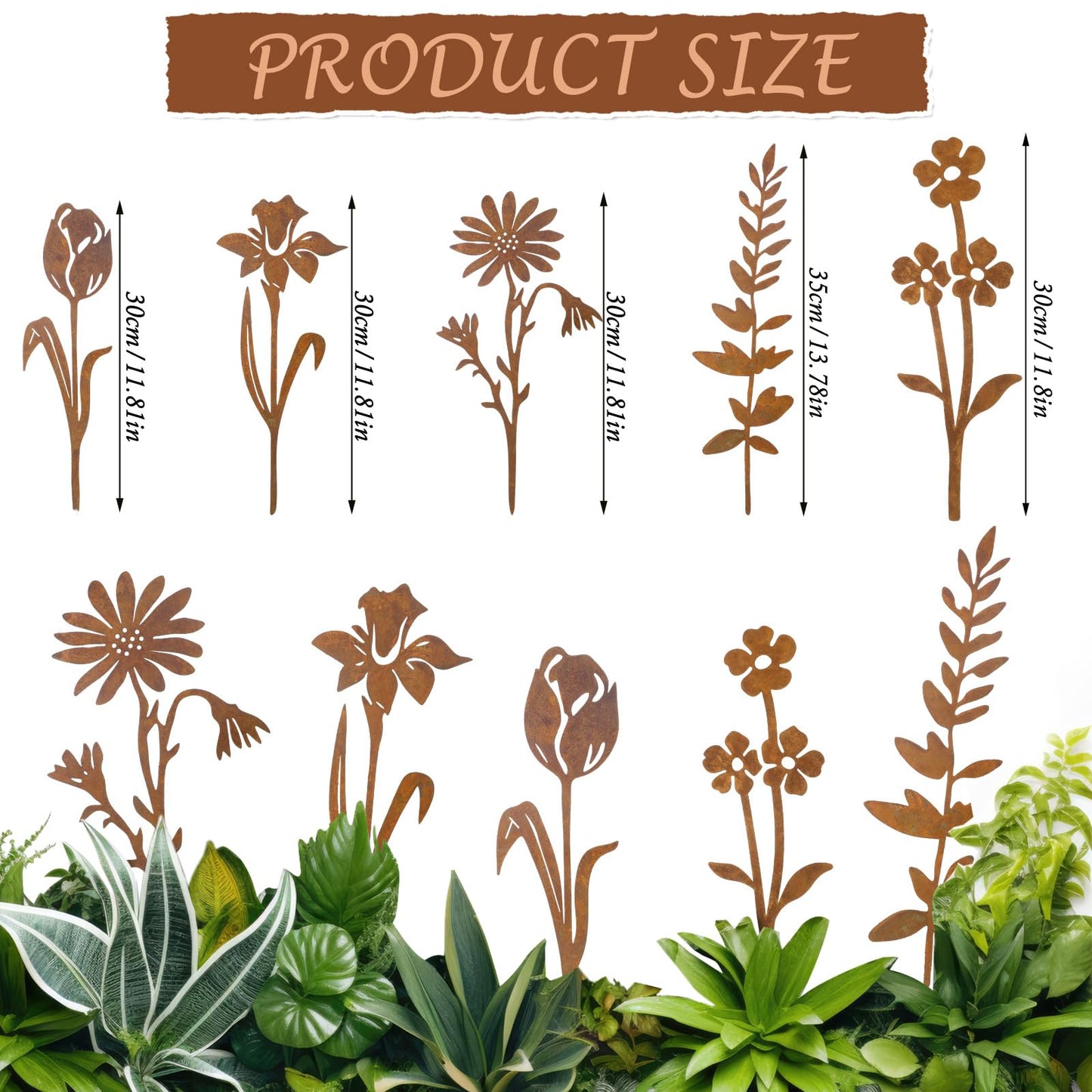 Otoolling 5 Pcs Rusty Metal Flowers and Plants, Rusty Rustic Metal Flowers Signs for Outside Yard Art Gift for Yard Decorative Garden Stakes Potted Plants Walkway and Garden