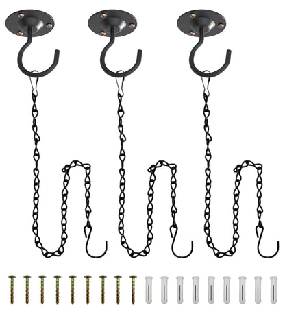 NACETURE Ceiling Hooks for Hanging Plants 3 Pack - Plant Hanger Indoor Hanging Hooks Metal Plant Bracket Iron Lanterns Hangers for Wind Chimes (Black 3 Pack + Chain)