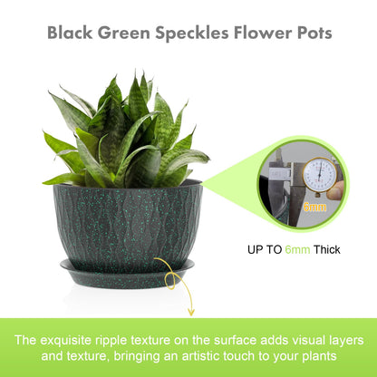 Meowell 12/10/9 inch Large Plant Pots, 3 Pack Wide Flower Pots for Outdoor Indoor Plants, Water Ripples Plastic Planters with Drainage Holes and Saucers for Garden House, Black with Green Speckles