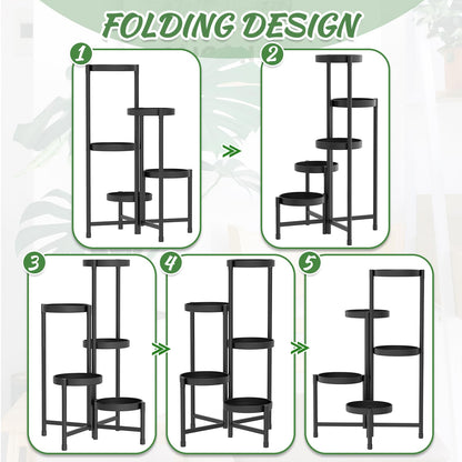 iDavosic.ly Plant Stand with Garden Tools, 5 Tier Corner Metal Flower Display Holder Shelf Indoor Outdoor, Folding Tall Orchid Rack for Patio Balcony Porch Living Room House, Black