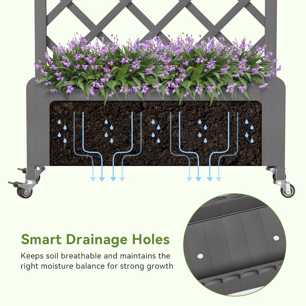 COMHOMA 2 Pack Planter Box with Trellis and Wheels, 48In Elevated Raised Garden Bed, Drainage Holes, Outdoor Lattice for Climbing Flowers, Vegetables, Patio Balcony, Gray