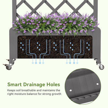 COMHOMA 2 Pack Planter Box with Trellis and Wheels, 48In Elevated Raised Garden Bed, Drainage Holes, Outdoor Lattice for Climbing Flowers, Vegetables, Patio Balcony, Gray