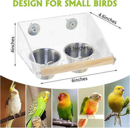 BNOSDM Bird Feeder for Cage with Double Stainless Steel Food & Water Bowls Anti-Slip Wood Perch Stand with No Mess Acrylic Seed Catcher for Parrot, Budgie, Parakeet, Lovebird, Canary, Finch,Conure