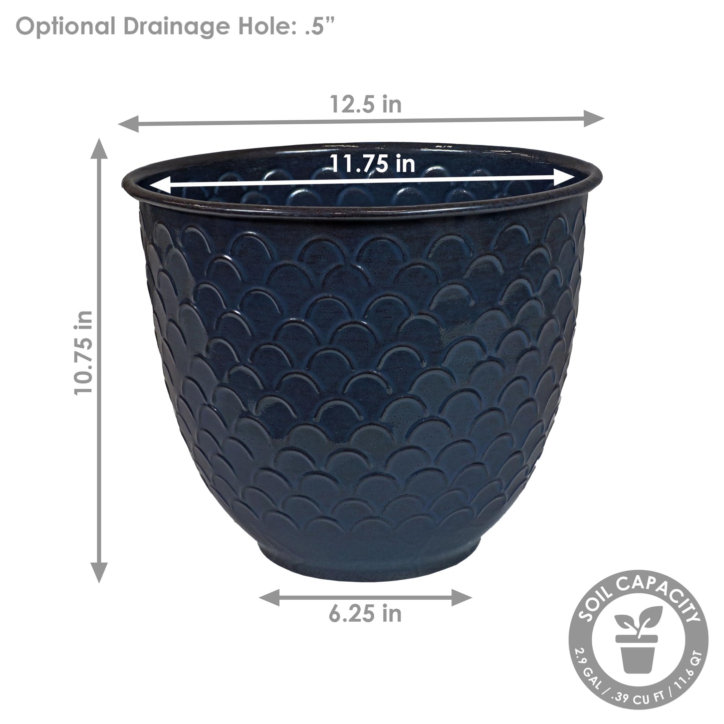 Sunnydaze Dinah 12.5" Metal Outdoor Plant Pot Set with Drainage Holes and Rubber Plugs - Navy Glaze - Set of 4