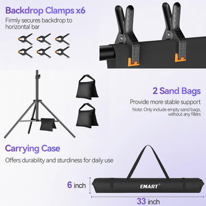 EMART 8.5 x 10 ft Adjustable Photo Backdrop Stand Kit with 12 x 10 ft Portable Black Backdrop, Background Holder Support System Kit for Photography, Party, Live Game, Interviews, YouTube, TIK Tok