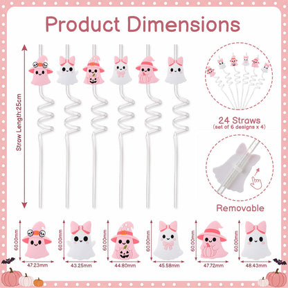Acellegic 24 Pcs Halloween Reusable Plastic Straws Bulk Pink White Ghost Glitter Plastic Straws Cute Cartoon Ghost Decoration for Adults Halloween Party Supplies Birthday Party Favors