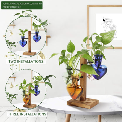 CYZglass Plant Terrarium Propagation Stations with Wooden Stand, Glass Vase for Indoor Hydroponics Home Garden Office Decoration Gift for Women - 4 Love Bulb Vase
